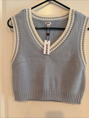 Garage Light Blue Knit V-Neck Sweater Vest with Cream Trim